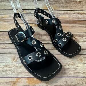J.CREW Womens Black & Silver Leather Grommet Cross-Strap Open Toe Flat Sandals